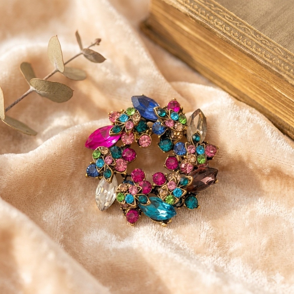 Vintage Multicolor Rhinestone Wreath Brooch Gold Tone Floral Crystal Pin